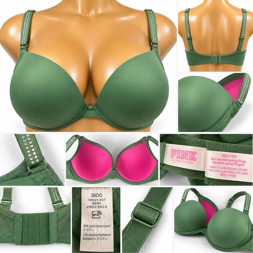 Pink branded victoria's secret  bra 38DD Green Push UP Rhinestone Strap Plunge